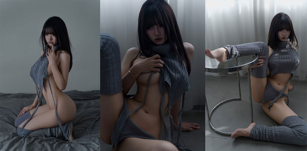 顶流福利姬【柒柒不可爱】灰色真空毛衣写真流出，巨乳呼之欲出绝美冷眼回眸化身纯欲女