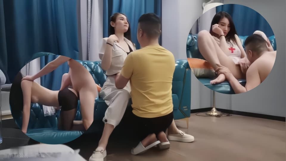 外围长腿小姐姐骚的很，还穿情趣护士装调情，妹子自摸翘起屁股扭动，开档黑丝大屁股骑