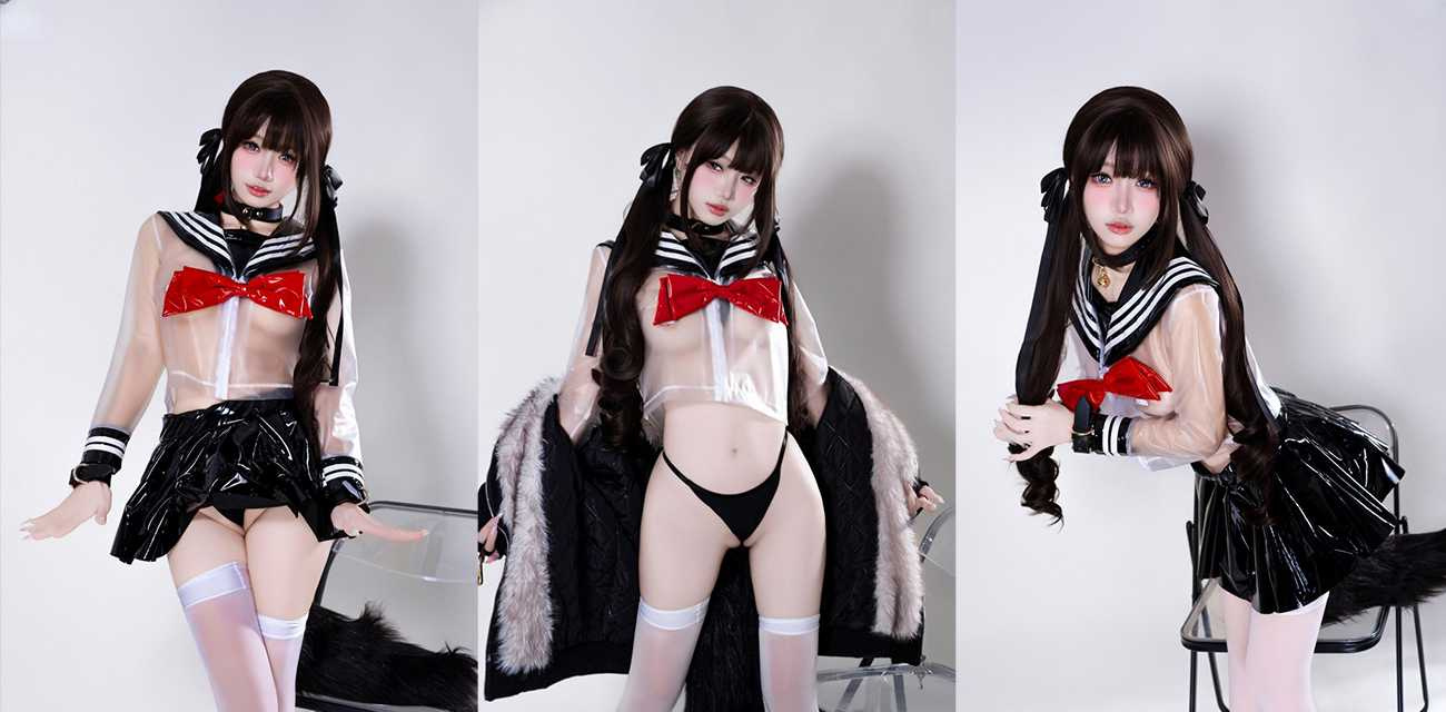 巨乳嫩模【柒柒要乖哦】写真私拍，透明JK半透巨乳翘臀，红唇微张眼神撩双马尾萝莉太会