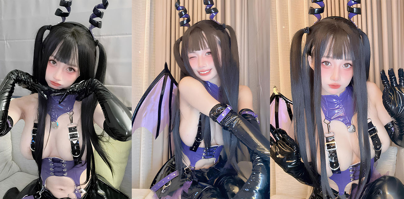 台湾嫩妹【冲田凛花Rinka】神级cos羊角魅魔，紫漆皮爆乳全露双腿展露白虎粉穴，阿黑颜
